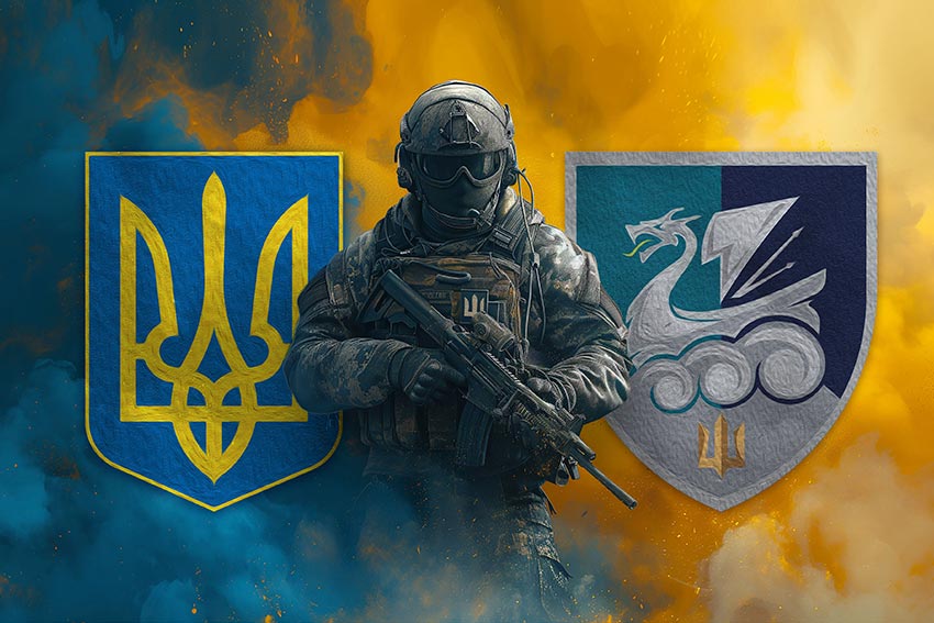 Прапор 36 окремої бригади морської піхоти (36 ОБрМП) імені Михайла Білинського ВМС ЗСУ Воїн з гербом України та підрозділу