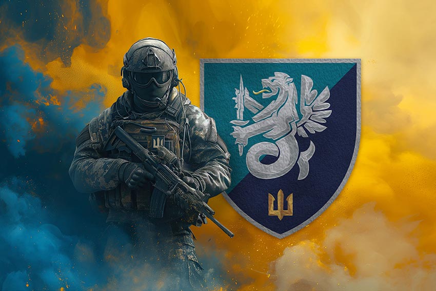 Прапор 37 окремої бригади морської піхоти (37 ОБрМП) ВМС України Воїн з гербом підрозділу