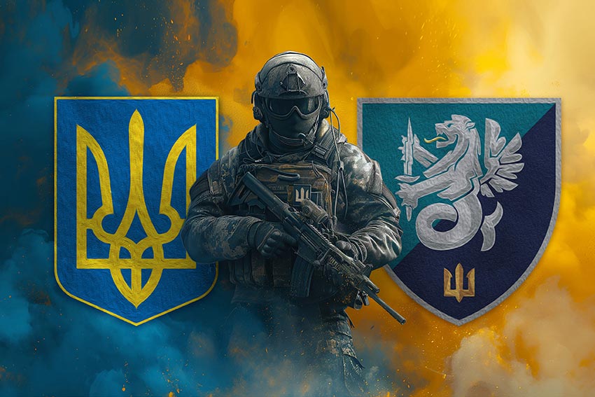 Прапор 37 окремої бригади морської піхоти (37 ОБрМП) ВМС України Воїн з гербом України та підрозділу