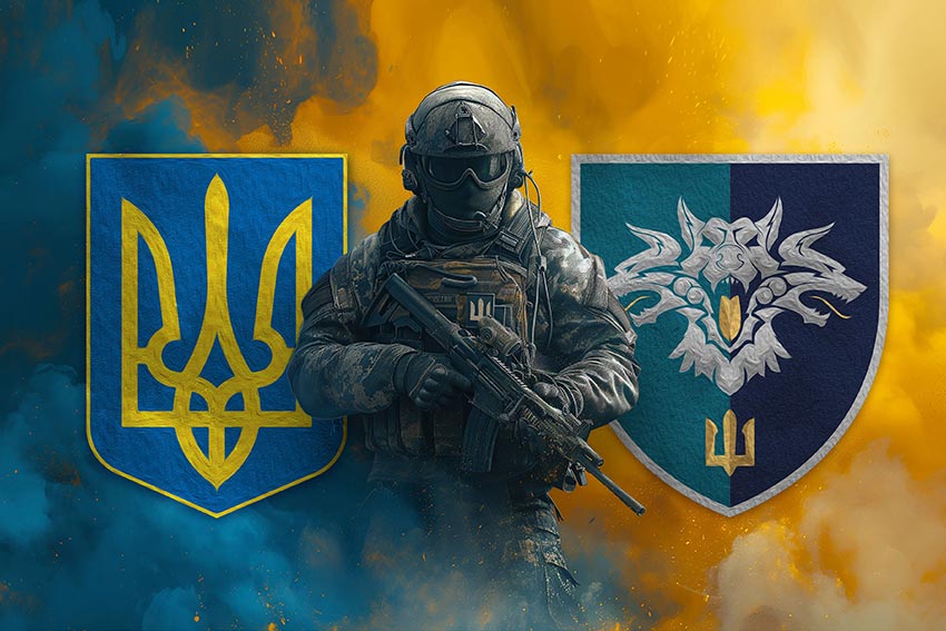 Прапор 38 окремої бригади морської піхоти (38 ОБрМП) ВМС України Воїн з гербом України та підрозділу