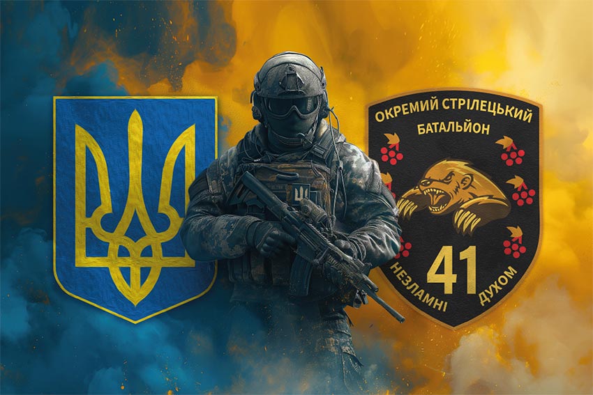 Прапор 41 окремого стрілецького батальйона (41 ОСБ) ЗСУ Воїн з гербом України та підрозділу