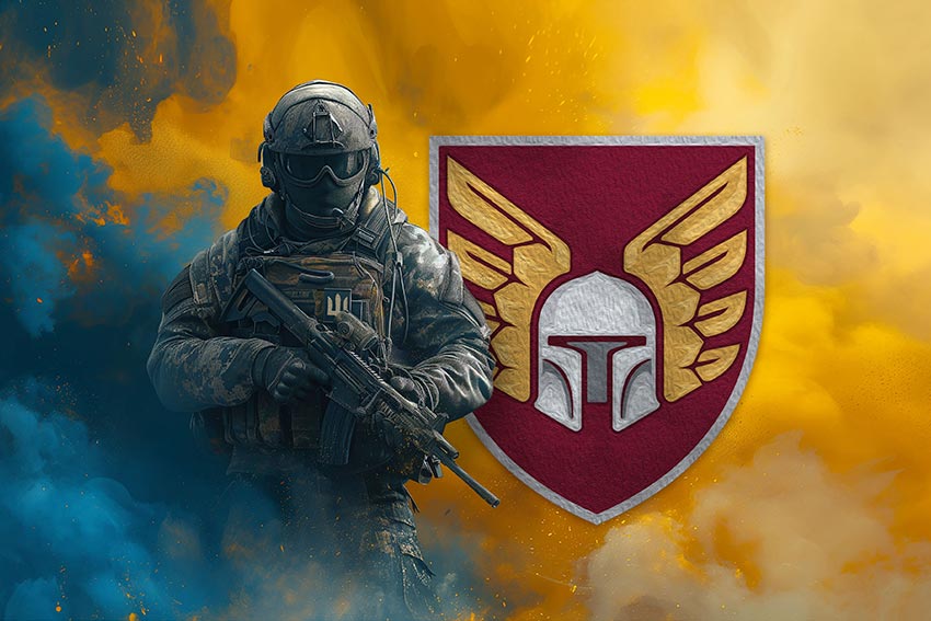 Прапор 46 ОАеМБр (окремої аеромобільної бригади) ДШВ ЗСУ Воїн з гербом підрозділу