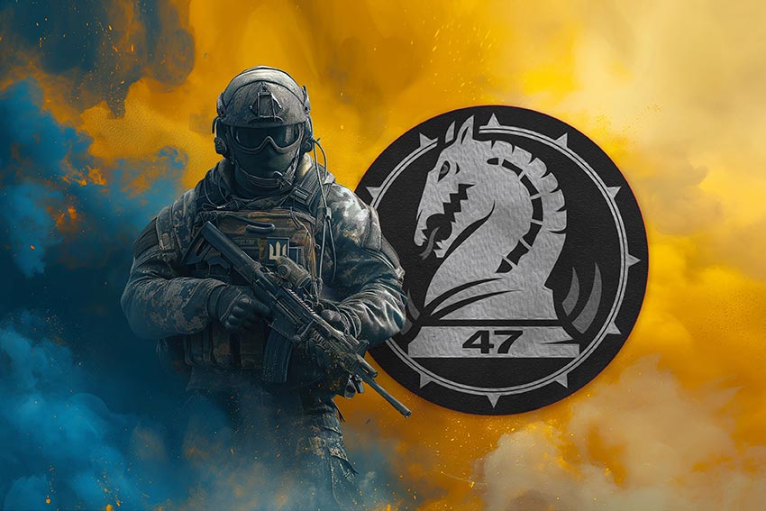 Прапор 47 ОМБр «Маґура» (окремої механізованої бригади) ЗСУ Воїн з гербом підрозділу