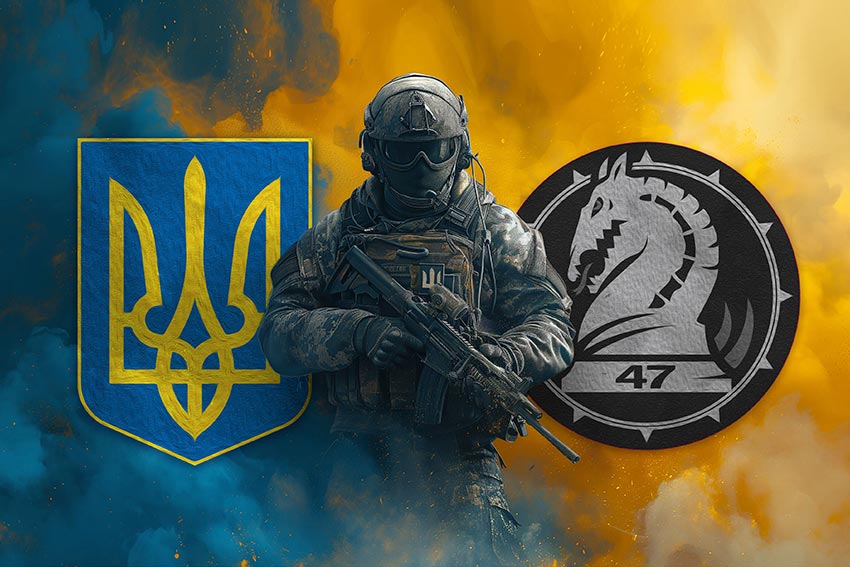 Прапор 47 ОМБр «Маґура» (окремої механізованої бригади) ЗСУ Воїн з гербом України та підрозділу