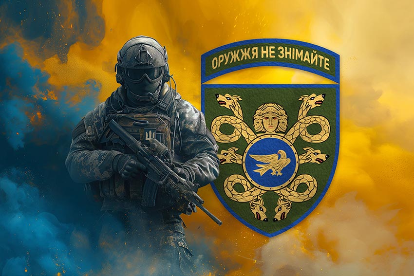 Прапор 53 окремої механізованої бригади (53 ОМБр) імені Володимира Мономаха ЗСУ Воїн з гербом підрозділу