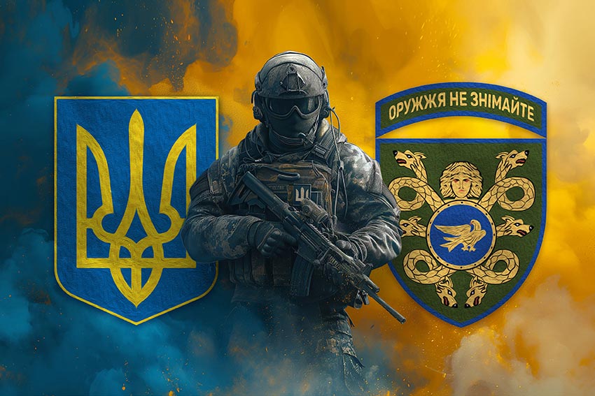 Прапор 53 окремої механізованої бригади (53 ОМБр) імені Володимира Мономаха ЗСУ Воїн з гербом України та підрозділу