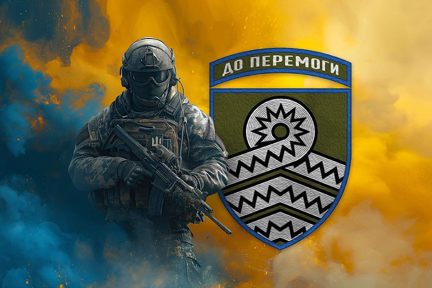 Прапор 59 ОМПБр імені Якова Гандзюка ЗСУ Воїн з гербом підрозділу