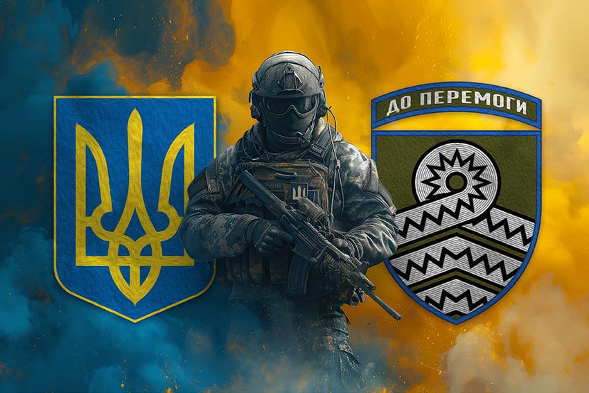 Прапор 59 ОМПБр імені Якова Гандзюка ЗСУ Воїн з гербом України та підрозділу