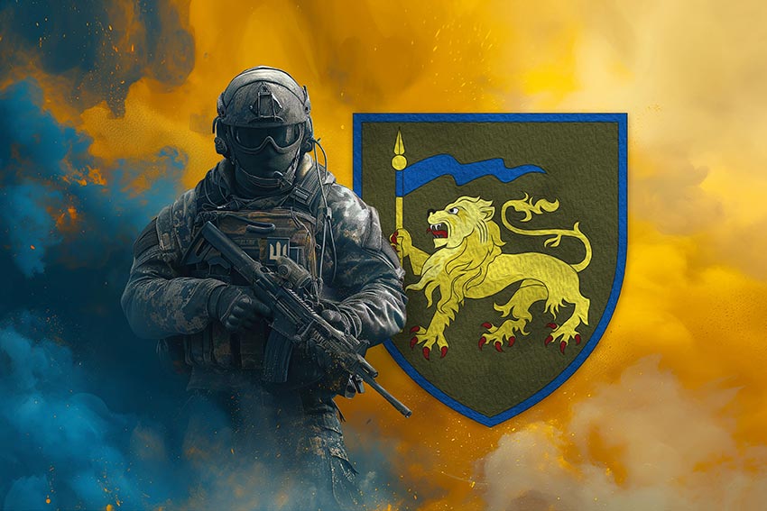 Прапор 60 окремої механізованої Інгулецької бригади (60 ОМБр) ЗСУ Воїн з гербом підрозділу