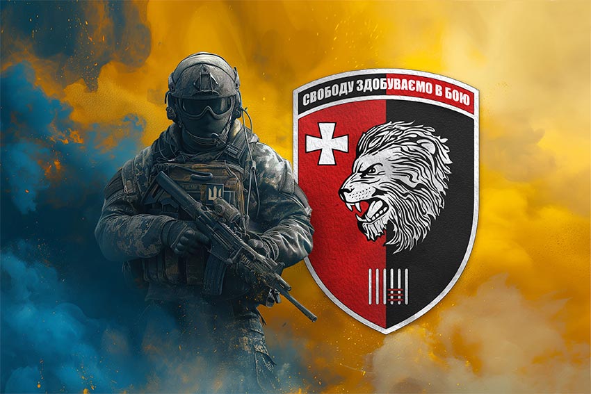 Прапор 63 окремої механізованої бригади (63 ОМБр) ЗСУ Воїн з гербом підрозділу