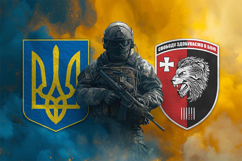 Прапор 63 окремої механізованої бригади (63 ОМБр) ЗСУ Воїн з гербом України та підрозділу