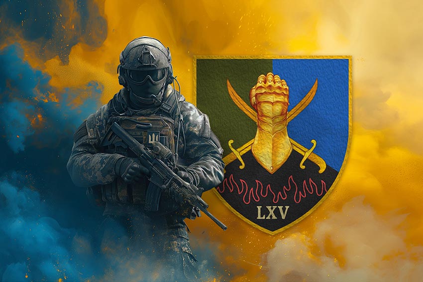 Прапор 65 окремої механізованої бригади (65 ОМБр) ЗСУ Воїн з гербом підрозділу