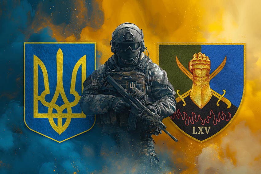 Прапор 65 окремої механізованої бригади (65 ОМБр) ЗСУ Воїн з гербом України та підрозділу