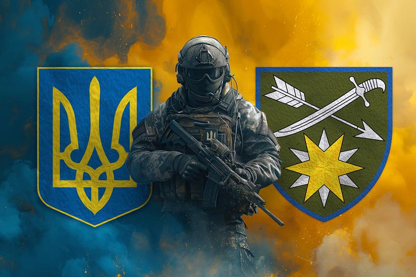 Прапор 66 окремої механізованої бригади (66 ОМБр) ЗСУ Воїн з гербом України та підрозділу