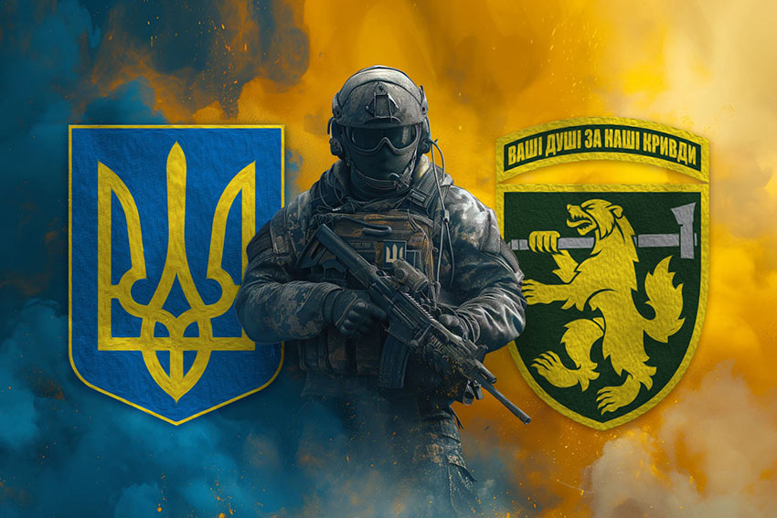 Прапор 68 ОЄБр імені Олекси Довбуша ЗСУ Воїн з гербом України та підрозділу