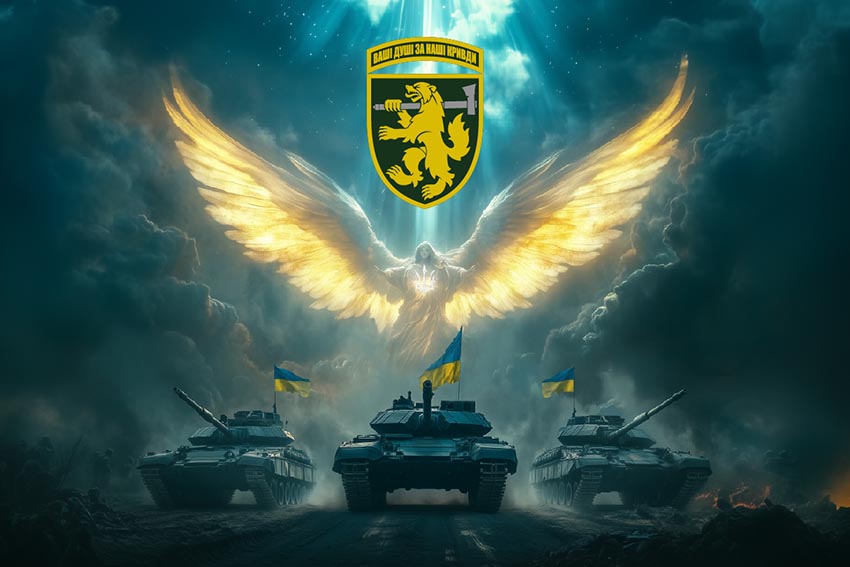 Прапор 68 ОЄБр імені Олекси Довбуша Янгол ЗСУ синій