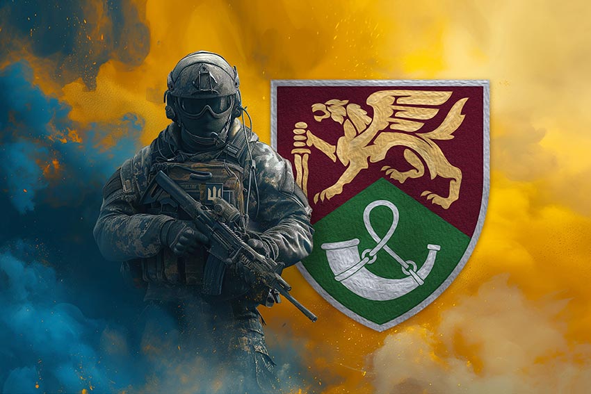 Прапор 71 ОЄБр ДШВ ЗСУ Воїн з гербом підрозділу