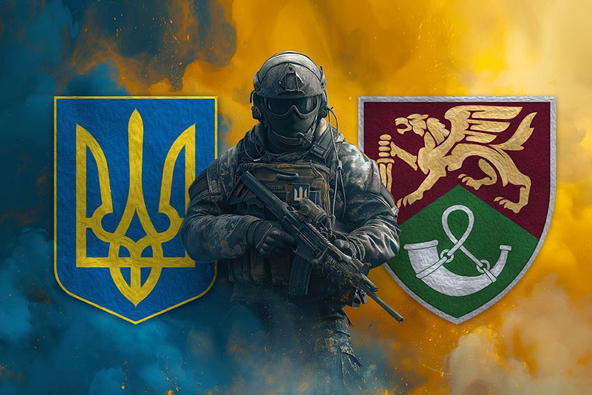 Прапор 71 ОЄБр ДШВ ЗСУ Воїн з гербом України та підрозділу