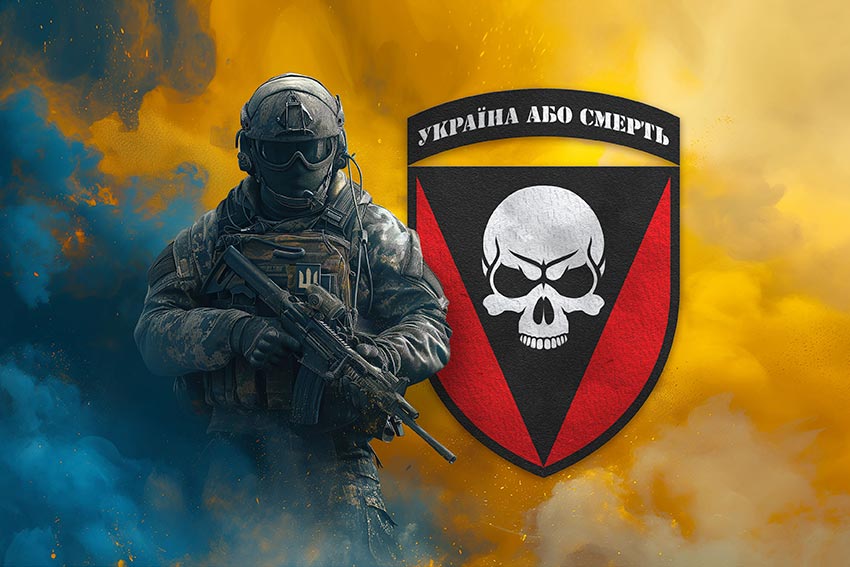 Прапор 72 ОМБр імені Чорних Запорожців ЗСУ Воїн з гербом підрозділу