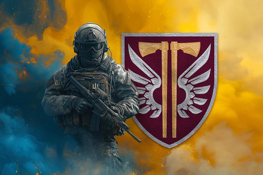 Прапор 77 ОАеМБр ДШВ ЗСУ Воїн з гербом підрозділу