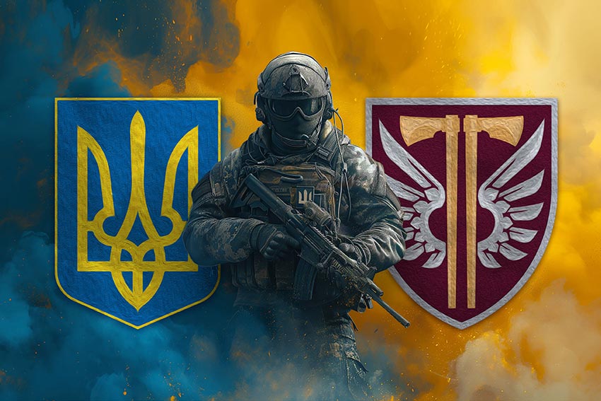 Прапор 77 ОАеМБр ДШВ ЗСУ Воїн з гербом України та підрозділу