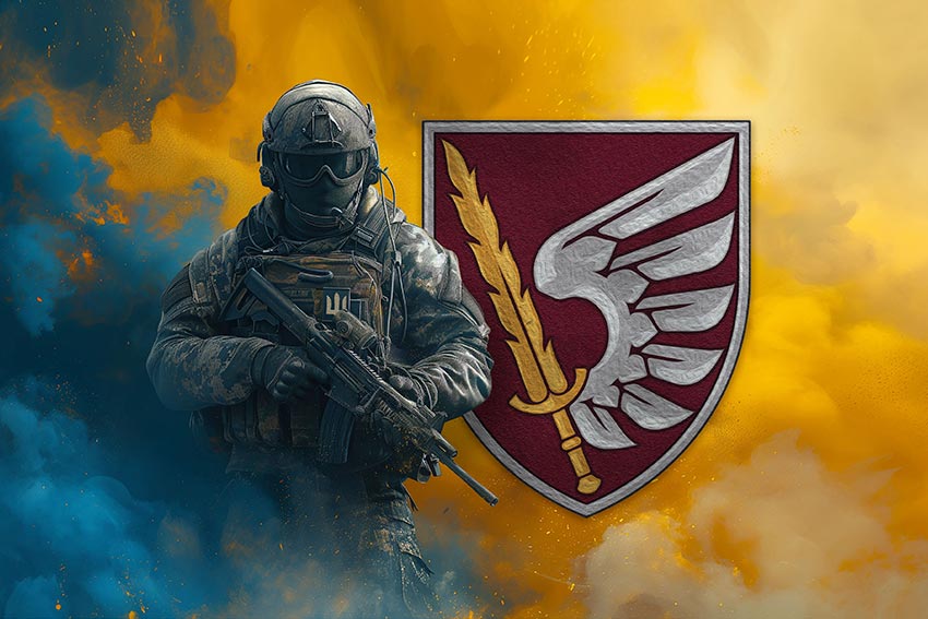 Прапор 79 ОДШБр ДШВ ЗСУ Воїн з гербом підрозділу