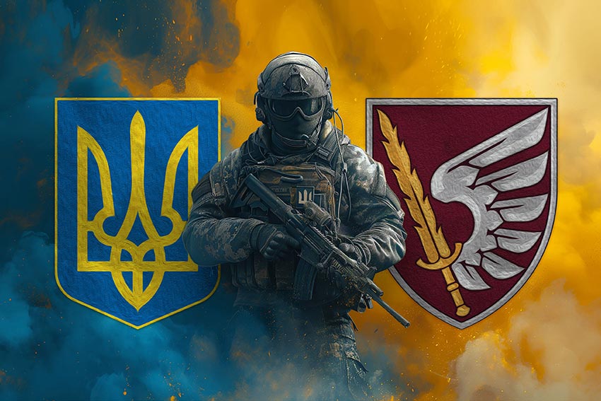 Прапор 79 ОДШБр ДШВ ЗСУ Воїн з гербом України та підрозділу