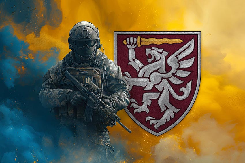 Прапор 80 ОДШБр (окрема десантно-штурмова Галицька бригада) ДШВ ЗСУ Воїн з гербом підрозділу