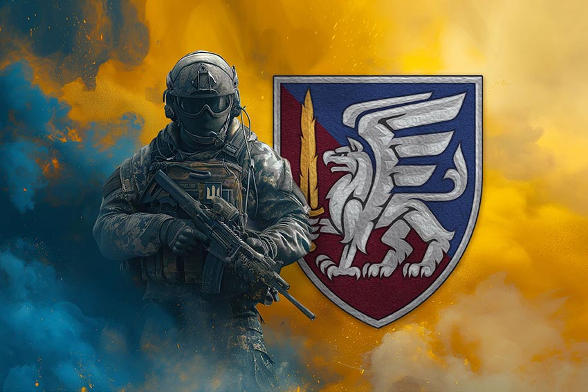 Прапор 81 ОАеМБр (окрема аеромобільна Слобожанська бригада) ДШВ ЗСУ Воїн з гербом підрозділу