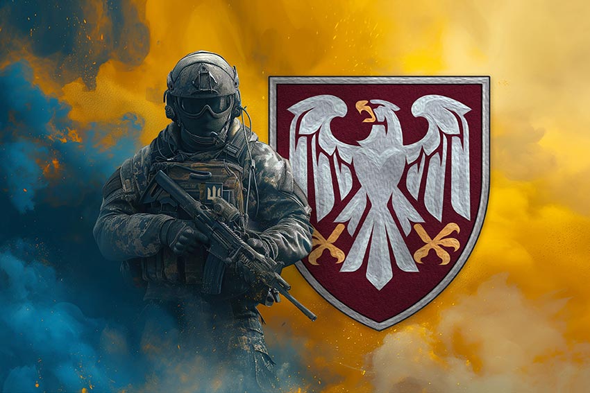 Прапор 82 ОДШБр ДШВ ЗСУ Воїн з гербом підрозділу