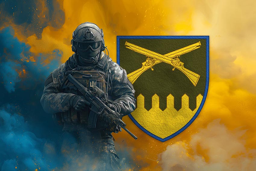 Прапор 92 ОШБр імені кошового отамана Івана Сірка ЗСУ Воїн з гербом підрозділу