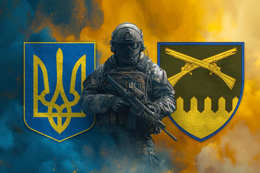 Прапор 92 ОШБр імені кошового отамана Івана Сірка ЗСУ Воїн з гербом України та підрозділу