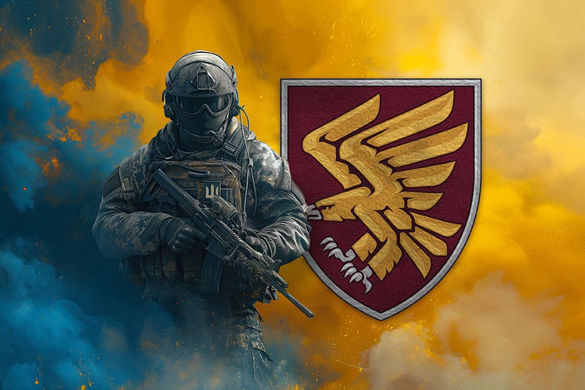 Прапор 95 ОДШБр (окрема десантно-штурмова Поліська бригада) ДШВ ЗСУ Воїн з гербом підрозділу