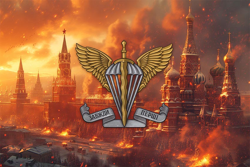 Прапор ДШВ (десантно-штурмових військ) «Завжди перші» ЗСУ кремль палає