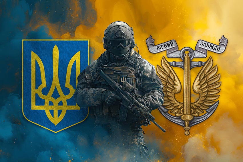 Прапор Морської піхоти України (МП ВМС ЗСУ) Воїн з гербом України та підрозділу