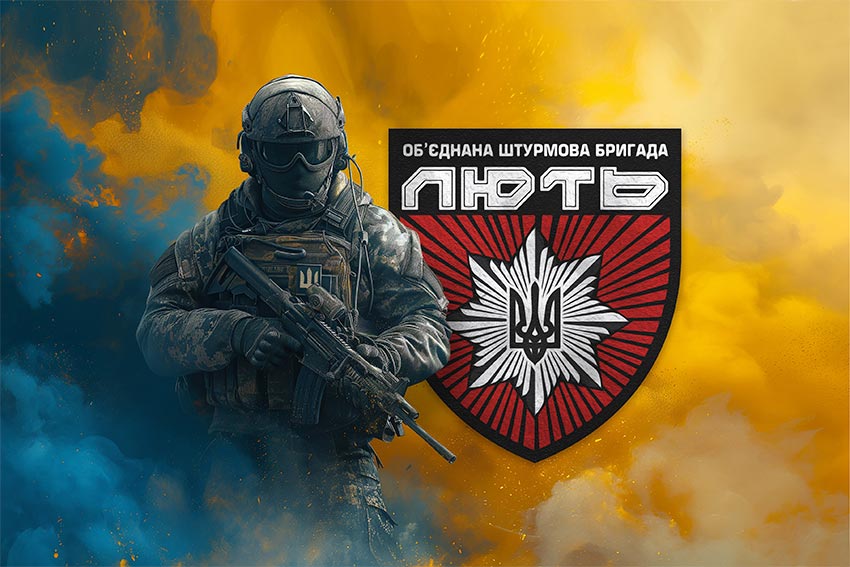 Прапор об'єднаної штурмової бригади Національної поліції України «Лють» Воїн з гербом підрозділу