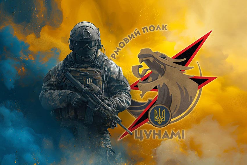 Прапор Штурмового полку Національної поліції України «Цунамі» Воїн з гербом підрозділу