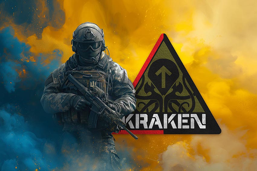 Прапор Спецпідрозділу «Kraken» ЗСУ Воїн з гербом підрозділу