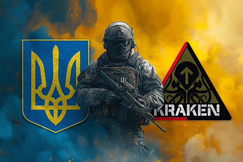Прапор Спецпідрозділу «Kraken» ЗСУ Воїн з гербом України та підрозділу