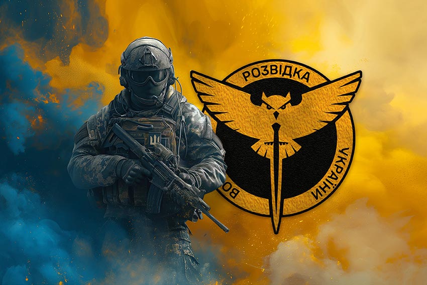 Прапор Воєнної розвідки України Воїн з гербом підрозділу