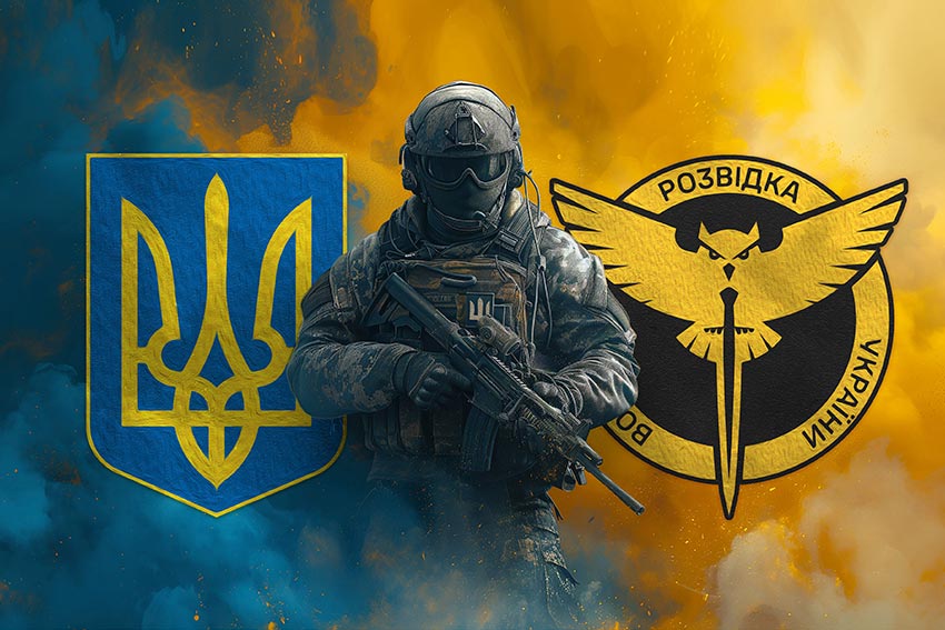 Прапор Воєнної розвідки України Воїн з гербом України та підрозділу