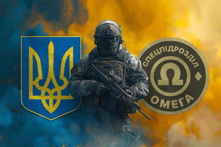 Прапор Окремого загону спеціального призначення «Омега» НГУ Воїн з гербом України та підрозділу